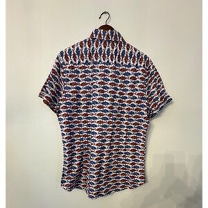Zipcode Mens Short Sleeve Button Down Shirt Red Blue Fish Print Nautical NWT